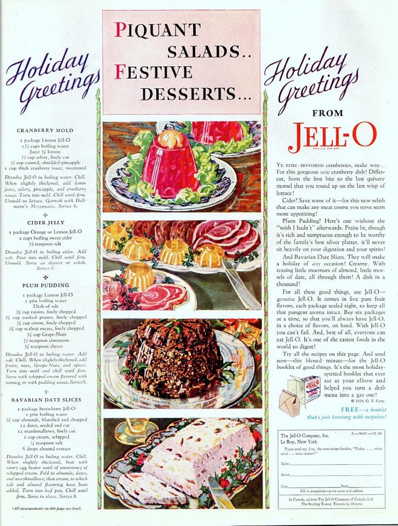 A vintage Jell-O Christmas ad from 1929 with recipes