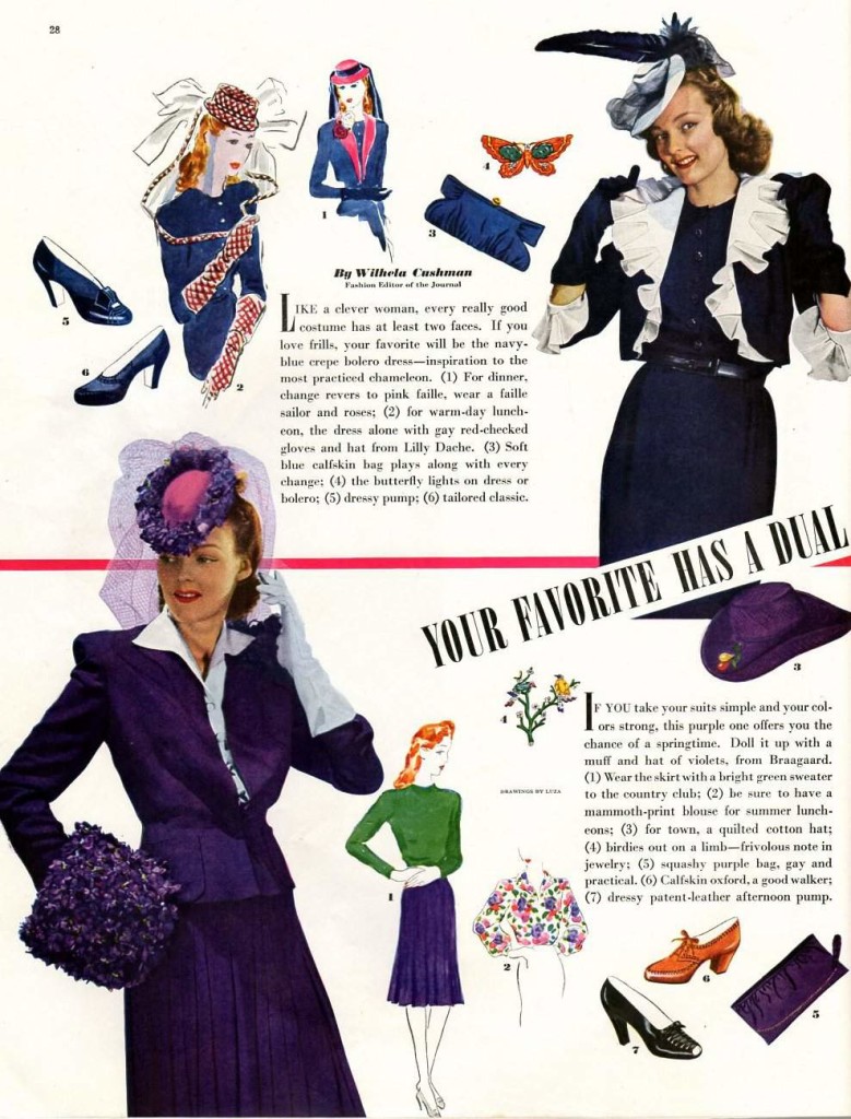 Four examples of vintage 1942 fashion found in the Ladies Home Journal magazine.