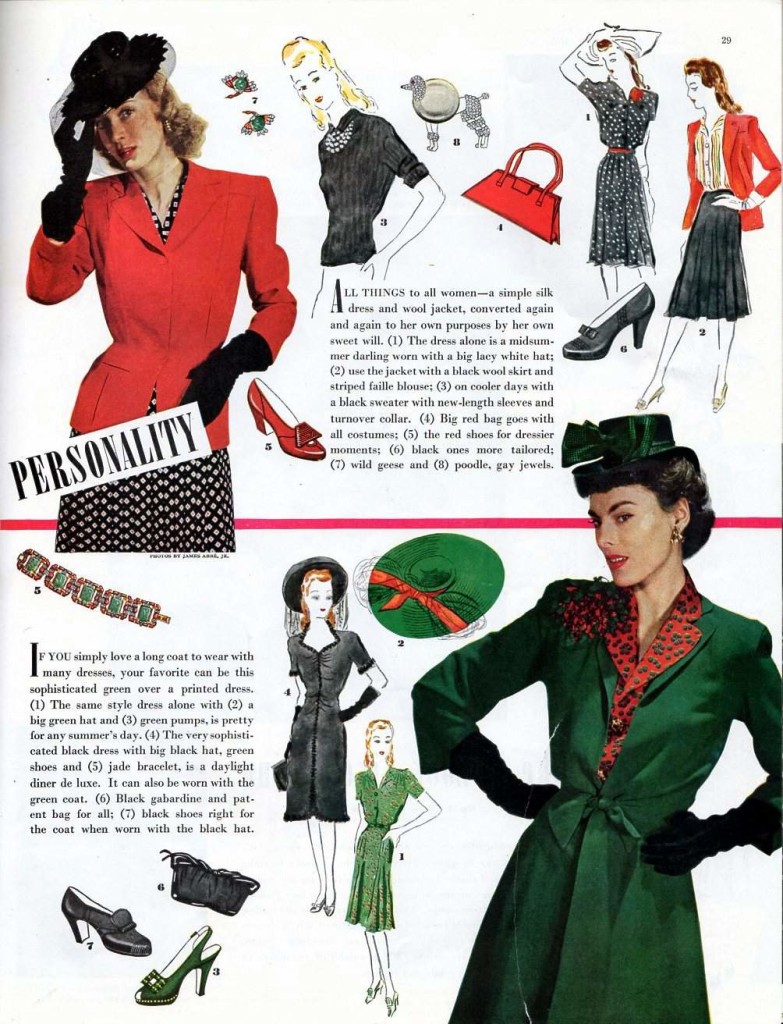 Four examples of vintage 1942 fashion found in the Ladies Home Journal magazine.