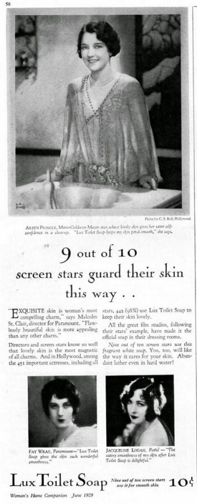 A vintage ad for Lux soap from 1929,  featuring popular movie stars of the time.